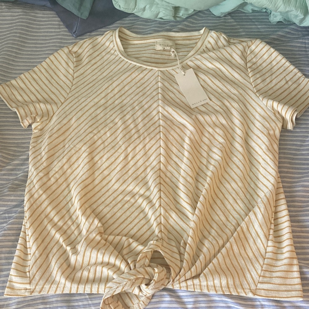 NWT Melloday mustard cream striped tie t shirt